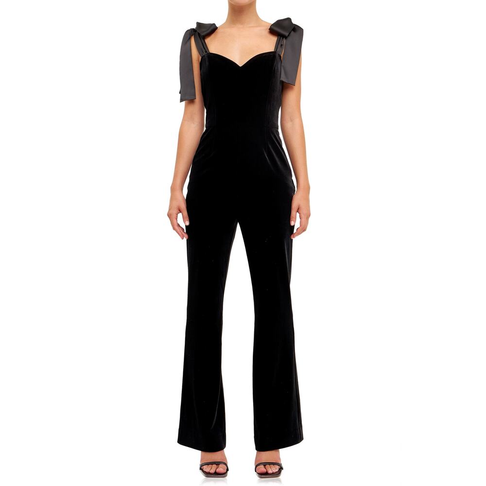 Endless Rose Black Bow Strap Sweetheart Neck Velvet Jumpsuit Size M